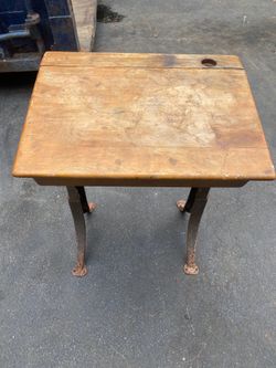 Vintage Wooden School Desk with Metal Legs and Inkwell Insert