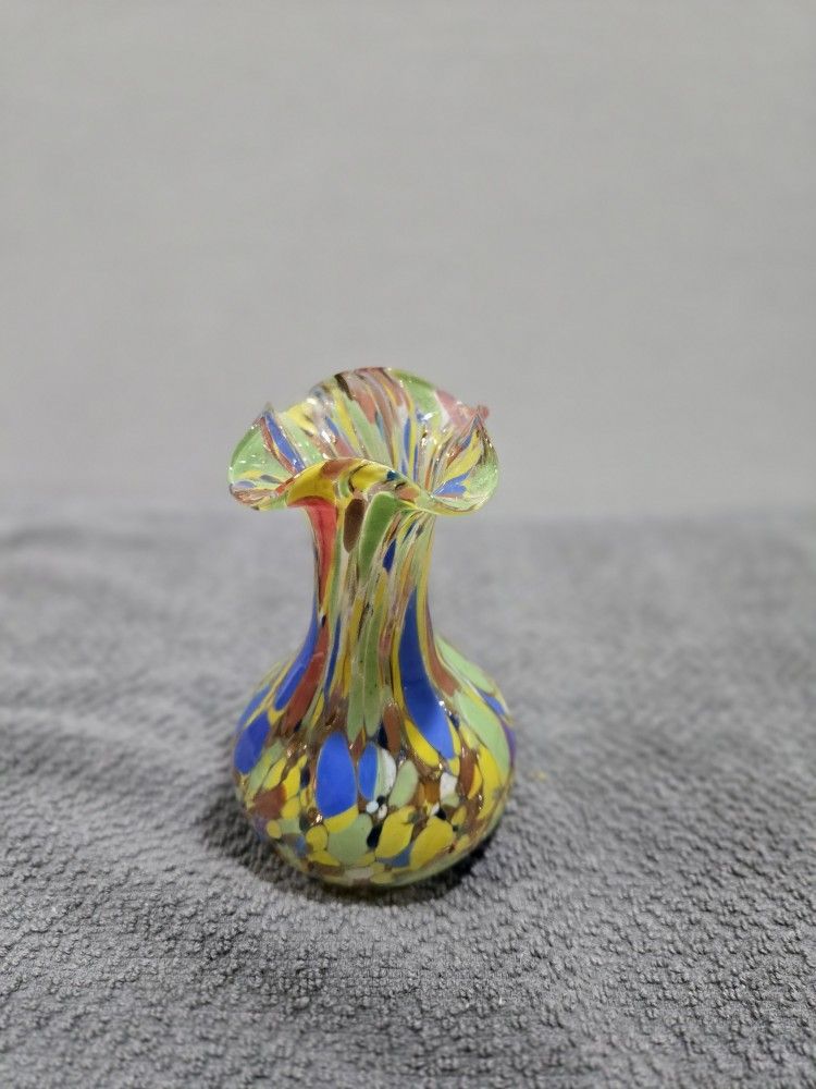 Vintage Murano Hand Blown Art Glass Vase Multicolored Red/Blue/Green/Yellow