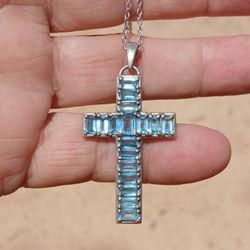 Swiss Topaz Cross Pendant, Rhodium Over Sterling Silver.  1 3/4" L, 1" W.