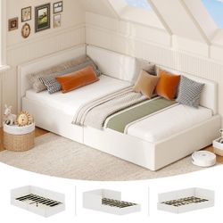 BRAND NEW Garvee Twin Daybed with Rails - Velvet Upholstered Corner Bed Frame Beige