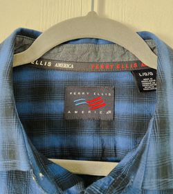 Perry Ellis Blue and Black Plaid Shirt - Men's Size L Thumbnail