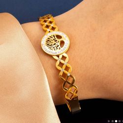 Golden Tree Of Life Design Bracelet, 18 K Gold Plated Stainless Steel Bangle 