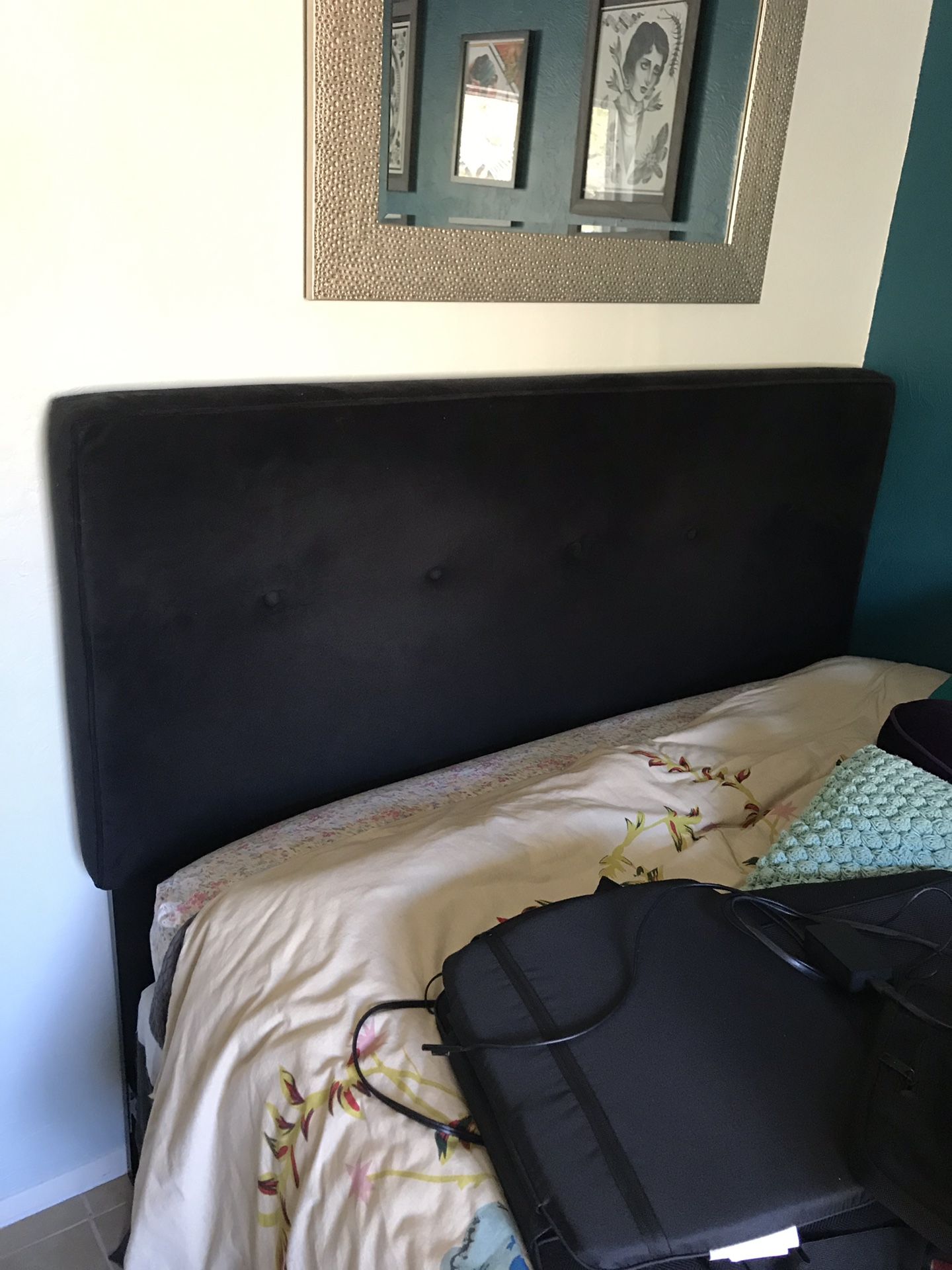 Queen size black velvet headboard & bed frame