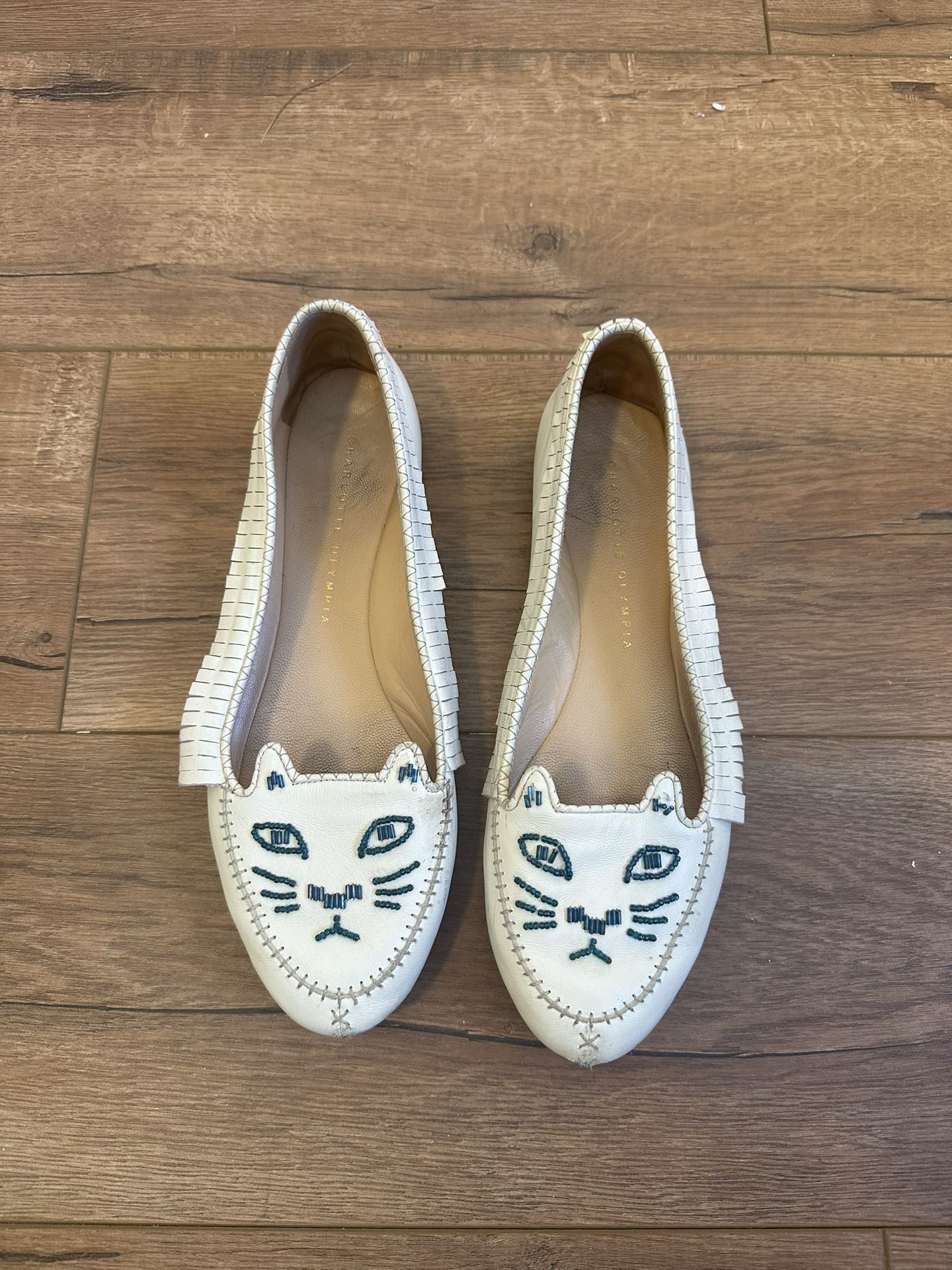Charlotte Olympia Cat White fringe Loafers Shoes beaded kitty face EU 39.5