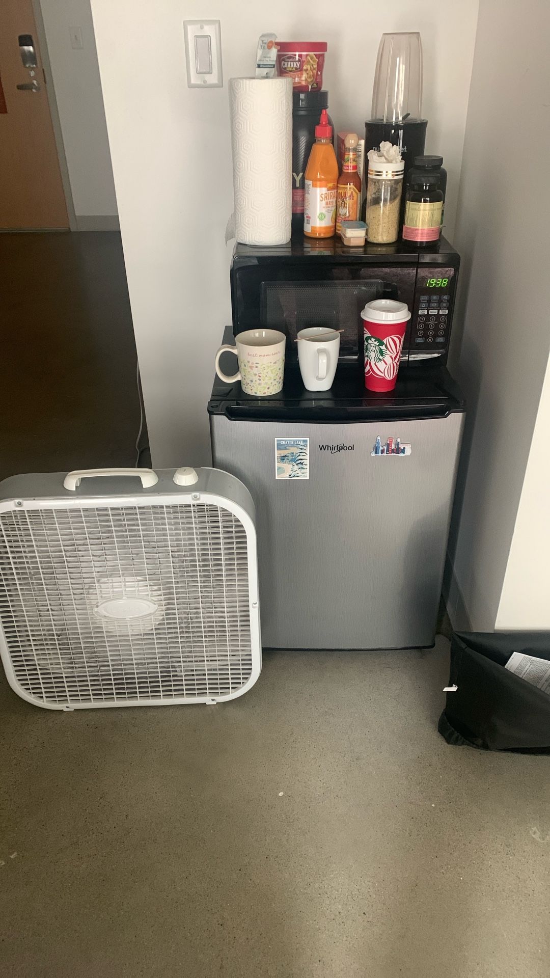 Mini fridge + Microwave + Fan
