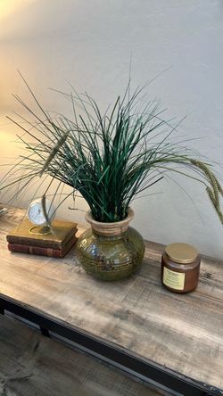 Faux Grass in Rustic Green Ceramic Vase / Pot - 18" Tall Home Decor