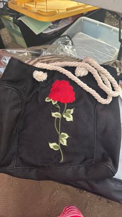 NEW****Beautiful Black Tote Bag with Red Rose Embroidery – Spacious & Stylish