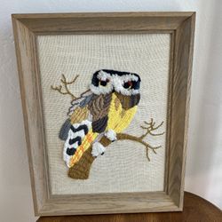 Mid Century Vintage 70’s Owl Barn Animal Hand Knitted handmade Wall Art Artwork Needle Point Framed Artwork MCM Retro 