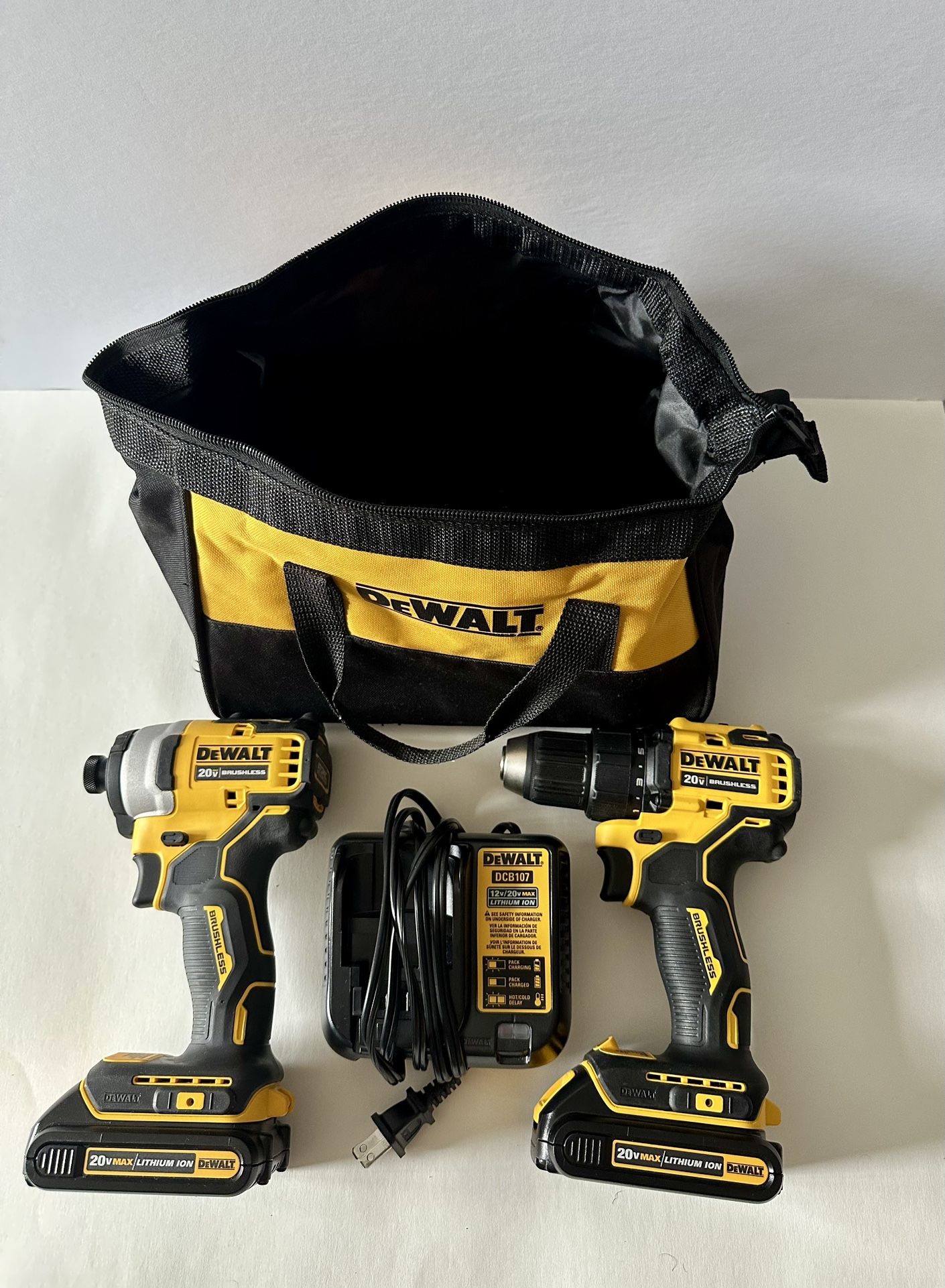 DeWalt Atomic Brushless Combo Kit DCD708 + DCF809 w/ 2 Batteries, Charger & Bag (20V MAX)