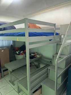 Gray Full size Wood Loft Bed with Desk and Stairs