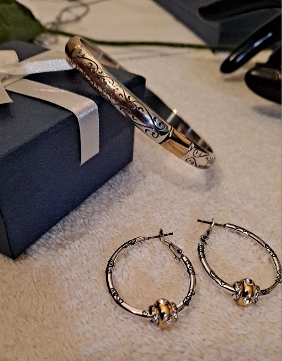 Brighton Venezia Two Toned Silver & Gold Bangle with Matching Earrings