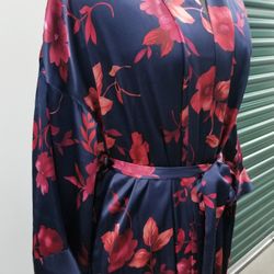 New August Silk Long Robe Navy With Red Flowers Medium