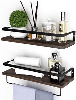 Floating Shelves Wall Mounted Rustic Wood Wall Shelves Set of 2 for Kitchen, Bathroom,Decorative Storage Shelves with Towel Rack, Bathroom Shelf Kitch