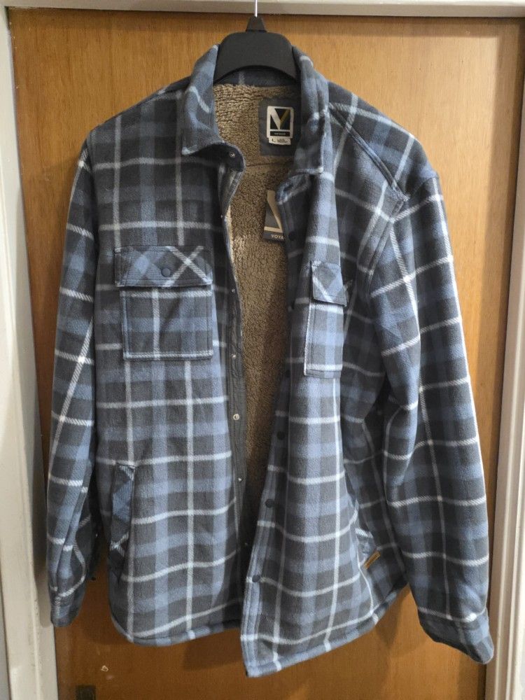 Men's Large Flannel Jacket Sherpa Blue New