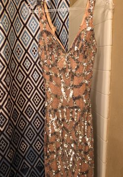 Precious formals prom dress/formal dress with sequins peachy color size 4