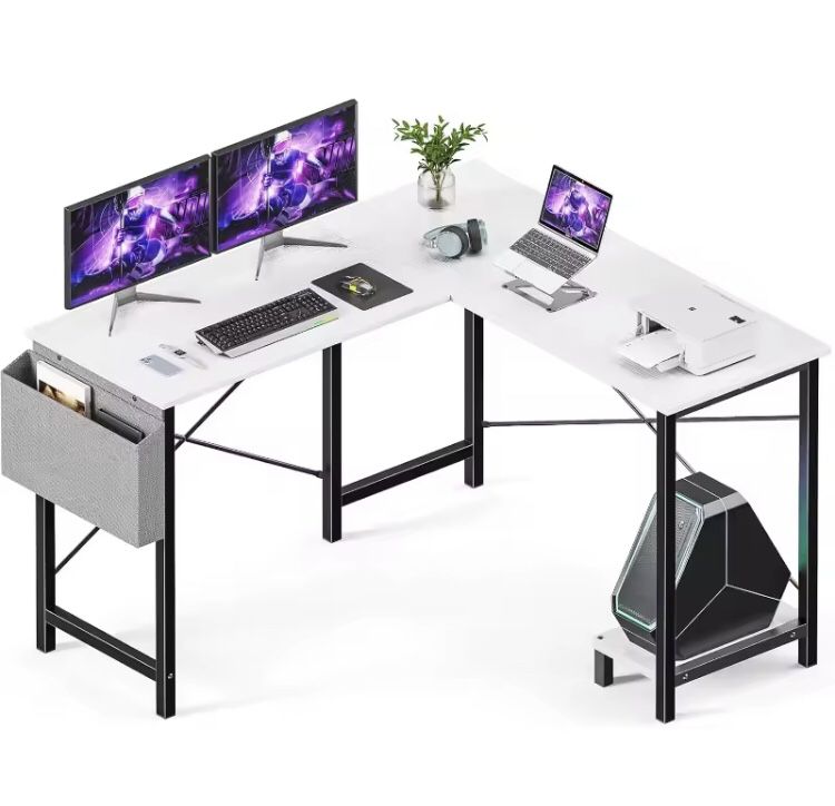 L Shaped Computer Desk - Gaming Corner 50 Inch PC White Writing Study Student Table with Wooden Desktop CPU Stand Side Bag