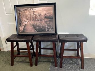 Three counter stools24”H , and wall picture34/26”