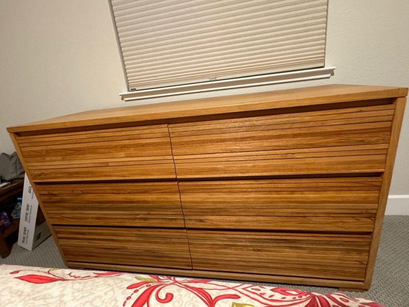 Crate & Barrel Linea Natural 6-Drawer Dresser in natural teak wood. 