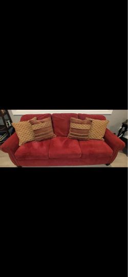 2-Piece Red Sofa & Loveseat Set + 6 Pillows – $450 OBO