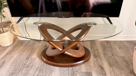 Glass Top Coffee Table with Wood Sculptural Base