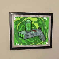rick and morty rick Sanchez portal gun art piece on black frame