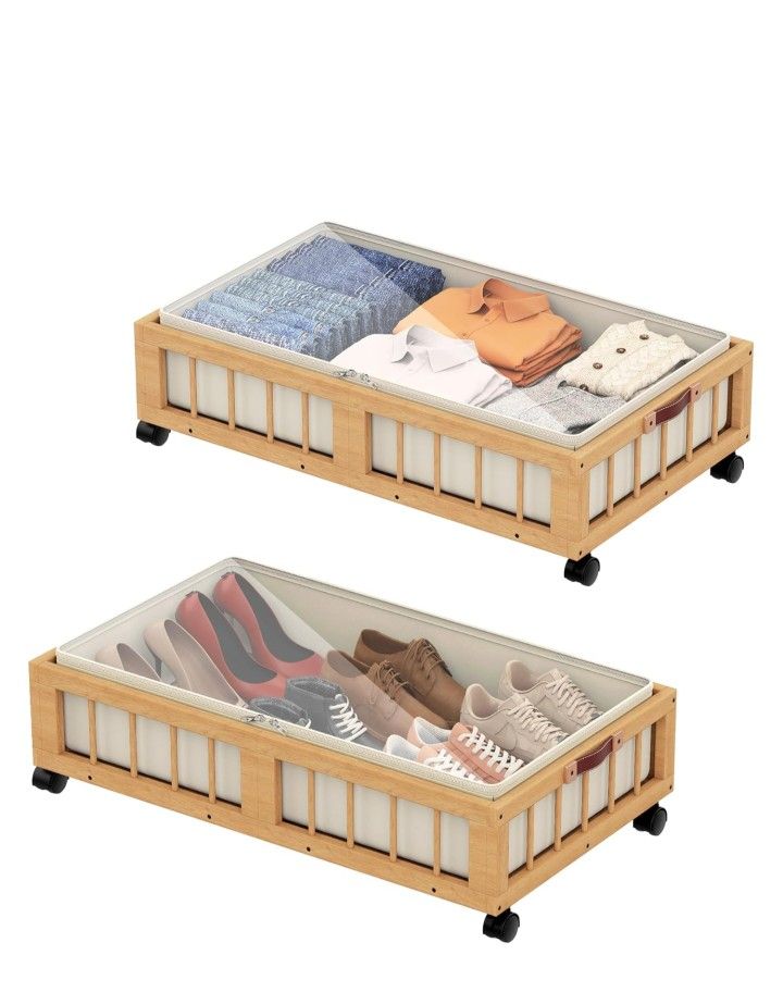 2-Pack Bamboo Under Bed Storage Containers with Wheels, Under Bed Clothes Storage Basket with Large Dust Bag, Rolling UnderBed Storage for Bedroom