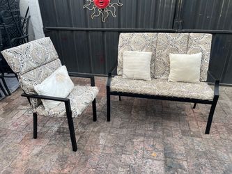 Solid Metal Outdoor Patio Bench w/ Single Metal Chair & Cushions