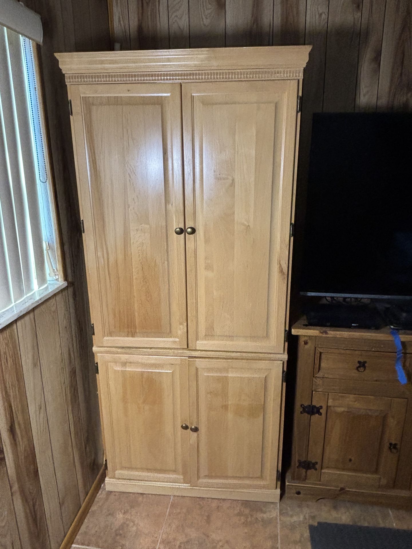 Computer armoire with desk keyboard drawer and roll out printer shelf