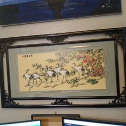 Chinese Framed Suzhou Silk Embroidery 6 Cranes (Fengshui)