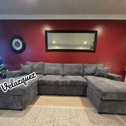 ✅️✅️4 pc fog grey corduroy fabric sectional sofa with double chaise✅️✅️