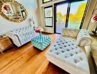 Velvet Sofa Chaise & Tufted Ottoman $600