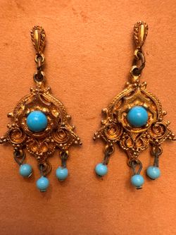 Vintage ART Turquoise Glass Etruscan Style Chandelier Earrings