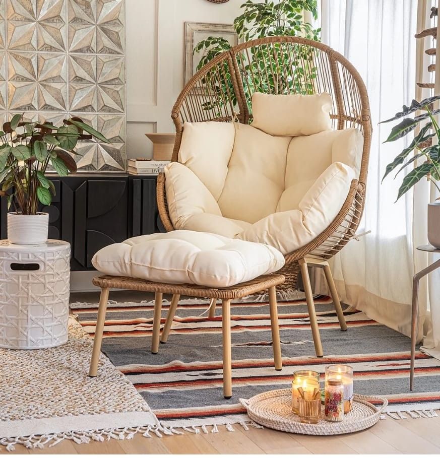 2-Pieces Oversized Stationary Wicker Egg Chair Teardrop Egg Seat Cuddle Cocoon Style Chair with Ottoman Indoor/Outdoor