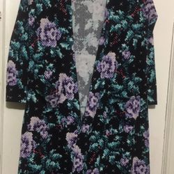 LuLaRoe Sarah Duster Cardigan Kimono Black Floral Cross Stitch Print Size M
