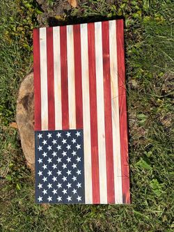 Handmade Rustic Wooden American Flag 25” Hand Painted Burned Signed Wall Art
