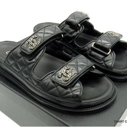MINT CHANEL 24P Black Lambskin DAD SLIDE Sandals G45507 Women's CC Size 37.5EU