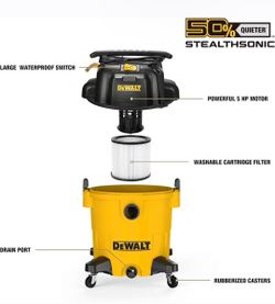 DEWALT 9 Gallon STEALTHSONIC Ultra Quiet Poly Shop Vacuum Wet/Dry, DXV09P-QTA Noise Reduction Vac for Shop, Heavy Duty Shop Vacuum