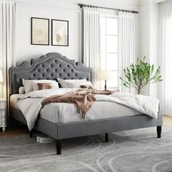 Queen Bed Frame, Velvet Tiara Upholstered Diamond Button Tufted Headboard, No Box Spring Needed, Gray