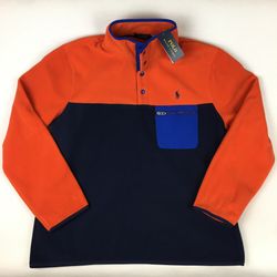  Polo Ralph Lauren Pony Excess Classic Fleece Pullover Sweater Sweatshirt 4 Snaps Men’s Size L Orange Navy