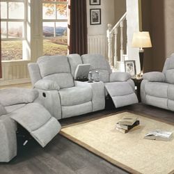 Gray Microfiber Fully Reclining Three Piece Couch Set 