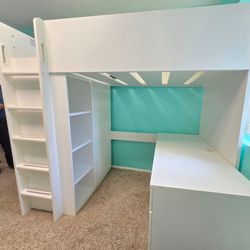 White Twin Loft beds with desks and storage