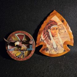 Lot Of 2 Vintage Native American Wall Art. One Of Wood, One In 3-D Resin Plate.