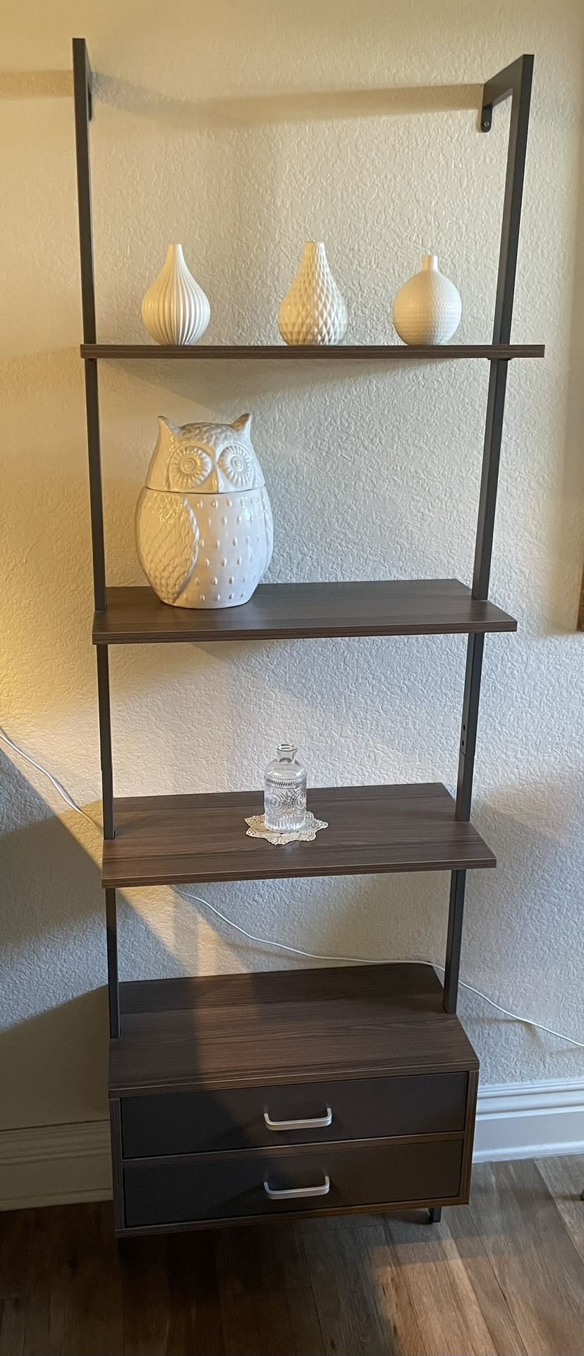 Ladder Bookcase Shelf With 2 Drawers (Wall Mount Top) Multi Functional - Great For Home or Office