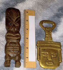 Maori Wood Carved Sculpture, Peruvian Brass Incan Figure Opener & Brass bottom only Candle Holder