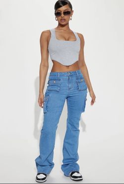 Mid Rise Cargo Flare Jeans- Medium Blue Wash  I have different sizes ranging from 0 to plus sizes, and all are brand new