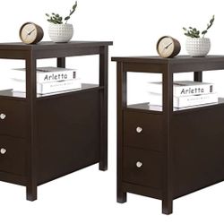 ZENYâ„¢ Set of 2 Narrow End Tables Slim Sofa Side Tables with 2 Drawer
