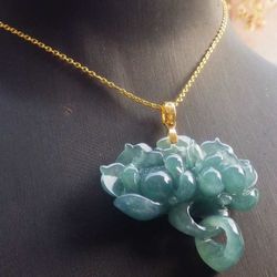 Certificate Jadeite jade Sterling silver 925 Natural A Lotus Rose flower pendant