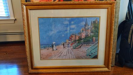 Beautiful art seaside scenery in gold frame with glass from Pier 1