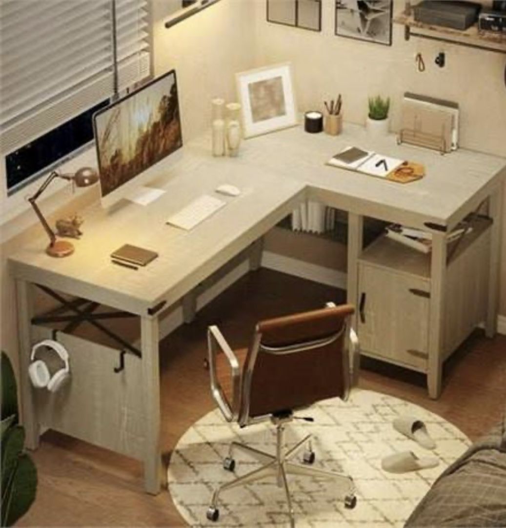 Bestier Farmhouse Desk 60" L-Shaped Computer Desk Home Office Desk with Cabinet, Wash White