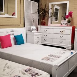 Brand New White Queen Sleigh Bedframe + Dresser + Mirror + Nightstand 4PCs Set